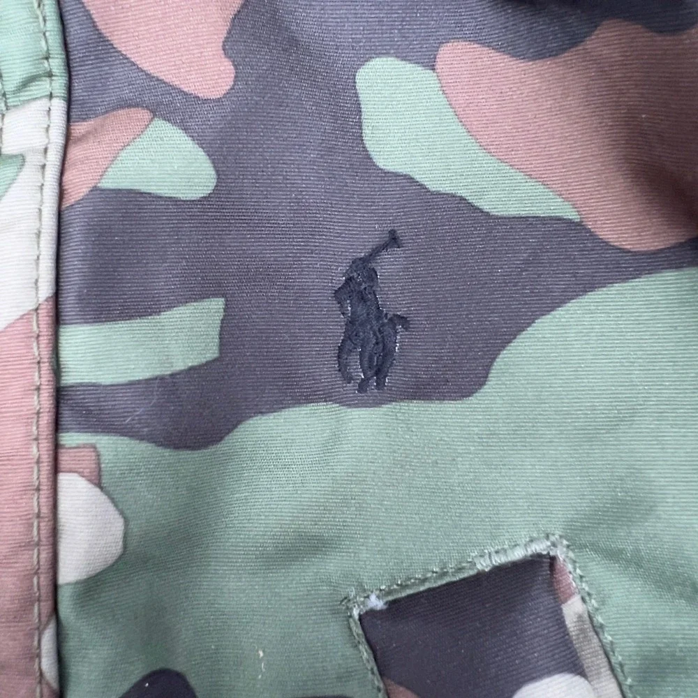 Polo Ralph Lauren Kids Parka Jacket Green Camo Faux Fur Hood Orange Lining 2/2T